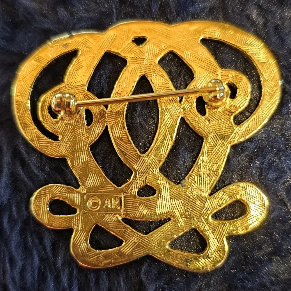 Vintage Marked AK Anne Klein Navy And Gold Swirl Brooch Pin